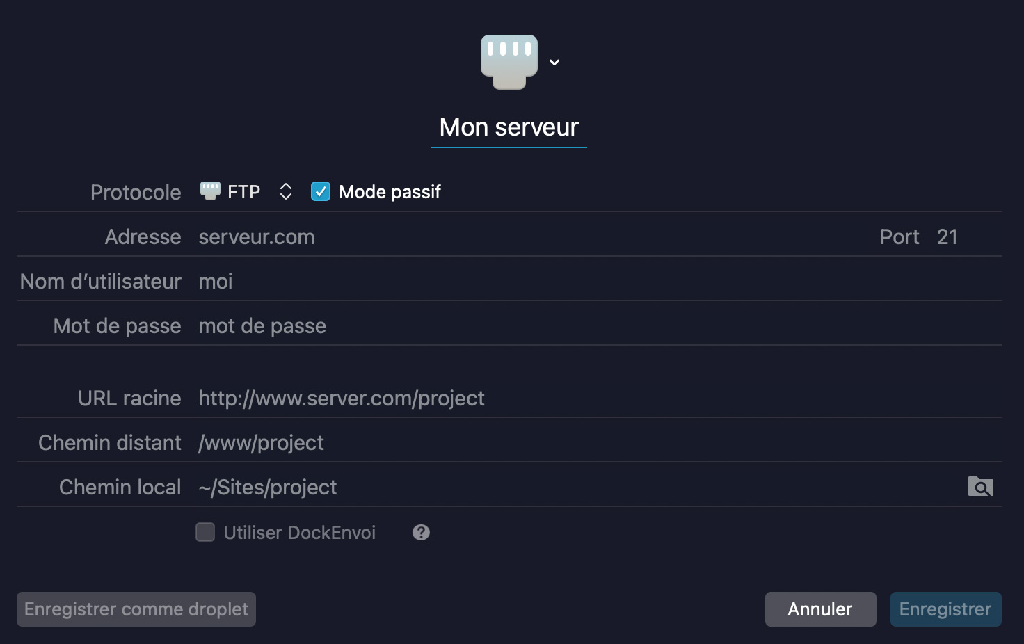 Fenetre de connexion FTP dans Transmit avec l'adresse du serveur, l'identifiant et le mot de passe