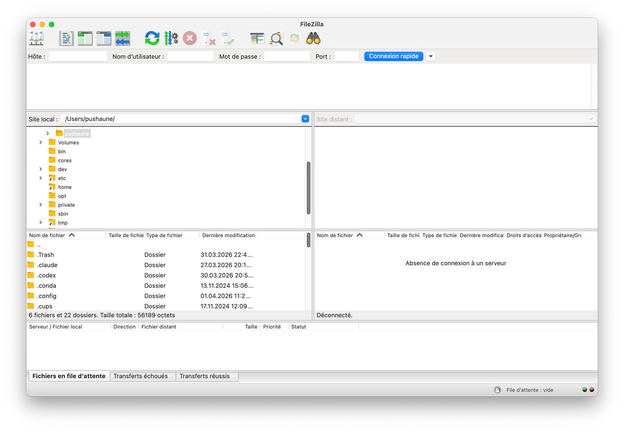 Interface de FileZilla sur macOS avec les fichiers locaux a gauche et les fichiers distants a droite